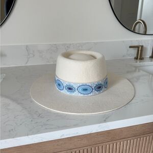 Lack of color Stylish Cream Hat with Blue Patterned Band worn once